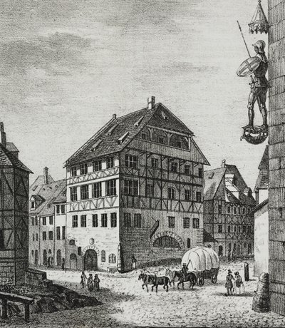 Casa de Albrecht Durer (1471-1528) en Nuremberg, Alemania, litografía de Salvatore Puglia de Poliorama Pittoresco, n 31, 12 de marzo de Salvatore Puglia