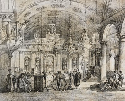 Interior de la iglesia griega de Baloukli, cerca de Constantinopla, Turquía, litografía de Salvatore Puglia de Poliorama Pittoresco, n 28, 15 de febrero. de Salvatore Puglia