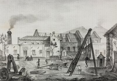 Reale Opificio meccanico (Real Fábrica Mecánica) en Pietrarsa, Campania, Italia, litografía de Gaetano Riccio de Poliorama Pittoresco, n 39, 7 de mayo. de Salvatore Puglia