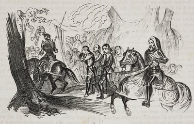 Regreso de los combatientes a Barletta para el desafío, Apulia, Italia, litografía de Salvatore Puglia del Poliorama Pittoresco, n 30, 1 de marzo. de Salvatore Puglia