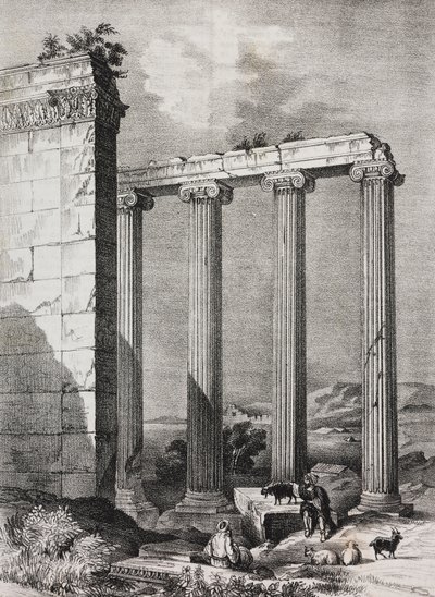 Ruinas del templo jónico de Tchavdere, Asia Menor, litografía de Salvatore Puglia de Poliorama Pittoresco, n 37, 19 de abril. de Salvatore Puglia