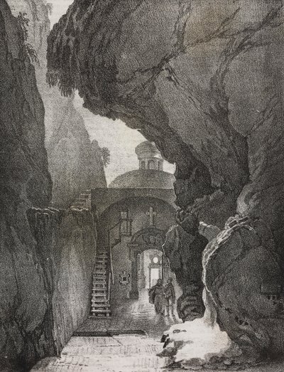 Santuario de la Santísima Trinidad o Santuario de la Montaña Partida, Gaeta, Lacio, Italia, litografía de Salvatore Puglia de Poliorama Pittoresco, n 43, 1 de junio. de Salvatore Puglia