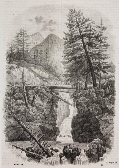Puente colgante sobre los Pirineos, España, litografía de Salvatore Puglia de Poliorama Pittoresco, n 16, 23 de noviembre de Salvatore Puglia