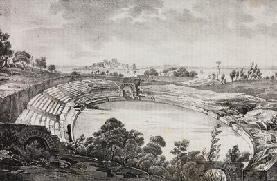 El anfiteatro de Siracusa, Sicilia, Italia, litografía de Salvatore Puglia del Poliorama Pittoresco, n 7, 21 de septiembre. de Salvatore Puglia