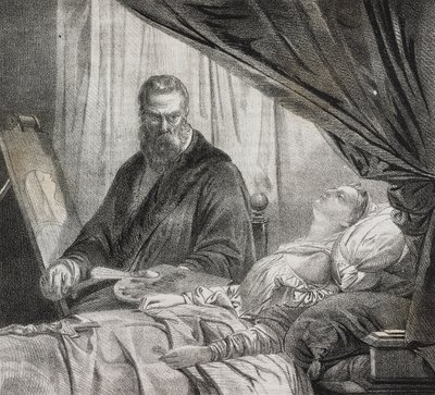 Tintoretto pintando a su hija muerta, litografía de Salvatore Puglia del Poliorama Pittoresco, n 27, 10 de febrero de Salvatore Puglia