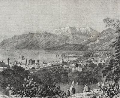 Vista de Beirut y la cordillera del Monte Líbano, Líbano, litografía de Salvatore Puglia de Poliorama Pittoresco, n 8, 1 de octubre de Salvatore Puglia