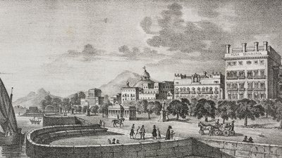 Vista del foro Borbón y del hotel Trinacria, Palermo, Sicilia, Italia, litografía de Salvatore Puglia sobre grabado de Di Giovanni de Poliorama Pittoresco, n 37, 19 de abril. de Salvatore Puglia