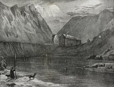 Vista del hospicio del Gran San Bernardo desde el lago, frontera Italia-Suiza, litografía de Salvatore Puglia de Poliorama Pittoresco, n 9, 9 de octubre de Salvatore Puglia