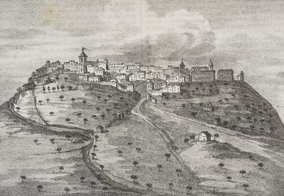 Vista de Montefuscolo, hoy Montefusco, Campania, Italia, litografía de Salvatore Puglia de Poliorama Pittoresco, n 41, 20 de mayo. de Salvatore Puglia