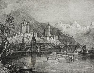 Vista de Thun, Cantón de Berna, Suiza, litografía de Salvatore Puglia del Poliorama Pittoresco, n 35, 9 de abril de Salvatore Puglia