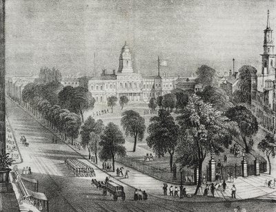 Vista del parque y del Ayuntamiento de Nueva York, Estados Unidos de América, litografía de Salvatore Puglia de Poliorama Pittoresco, n 24, 22 de enero de Salvatore Puglia