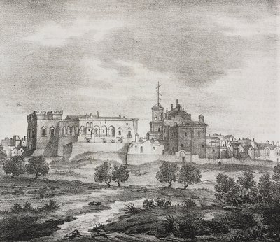 Vista oeste de Mesagne, Apulia, Italia, litografía de Salvatore Puglia de Poliorama Pittoresco, n 47, 29 de junio. de Salvatore Puglia