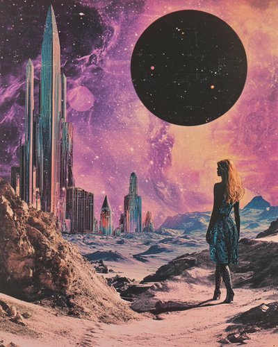 Mujer en un paisaje urbano cósmico de Samantha Hearn