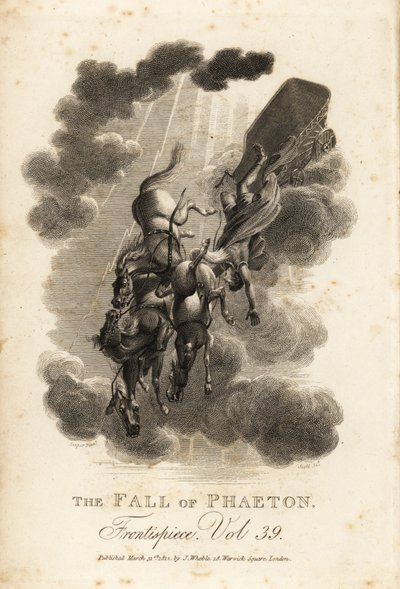 Ilustración alegórica de Faetón, hijo de Helios y la Oceánide Clímene, cayendo del cielo mientras conduce el Carro del Sol de Samuel (after) Cooper
