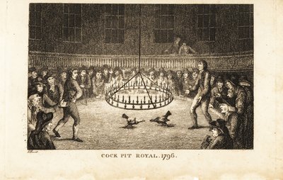 Jugadores observando una pelea de gallos a la luz de las velas en el Cock Pit Royal, St de Samuel (after) Howitt