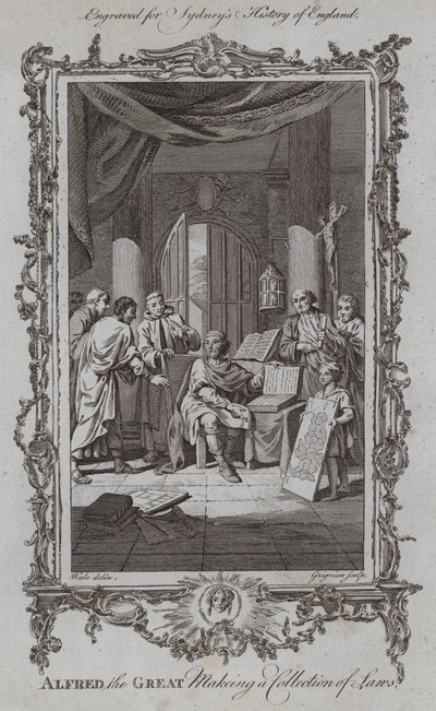 Alfredo el Grande haciendo una colección de leyes (grabado) de Samuel (after) Wale