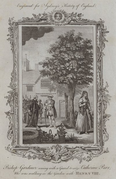 El obispo Gardiner viniendo con una guardia para arrestar a Catherine Parr, quien estaba caminando en el jardín con Enrique VIII (grabado) de Samuel (after) Wale