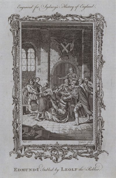 Edmundo I apuñalado por Leolf el ladrón (grabado) de Samuel (after) Wale