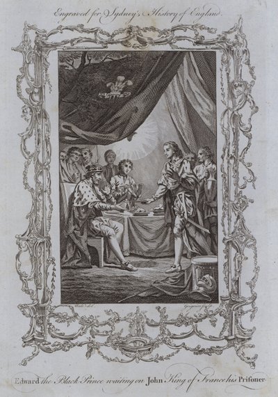Eduardo el Príncipe Negro sirviendo al rey Juan de Francia, su prisionero (grabado) de Samuel (after) Wale