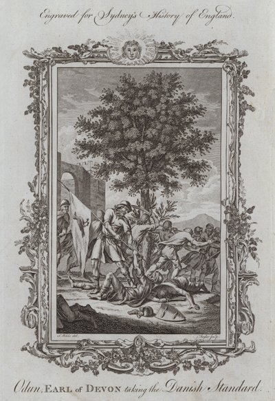 Odun, conde de Devon tomando el estandarte danés (grabado) de Samuel (after) Wale
