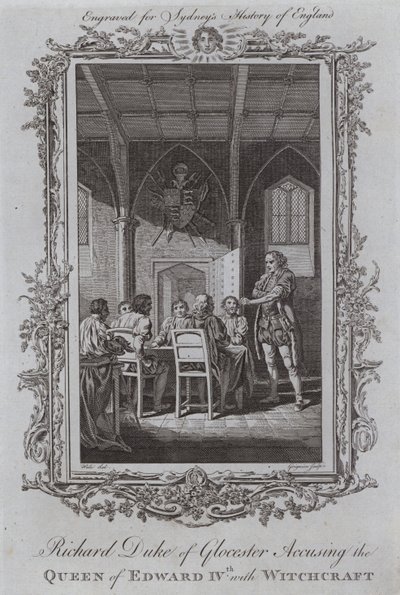 Ricardo, duque de Gloucester acusando a la reina de Eduardo IV de brujería (grabado) de Samuel (after) Wale