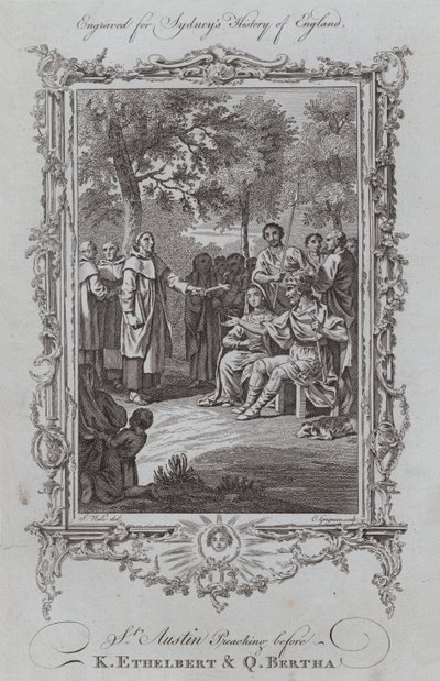 San Agustín predicando ante el rey Ethelbert y la reina Bertha (grabado) de Samuel (after) Wale