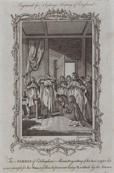 La abadesa del monasterio de Coldingham cortándose la nariz y el labio superior como ejemplo para sus monjas, para evitar ser violadas por los daneses (grabado) de Samuel (after) Wale