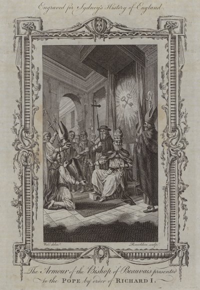 La armadura del obispo de Beauvais presentada al Papa por orden de Ricardo I (grabado) de Samuel (after) Wale