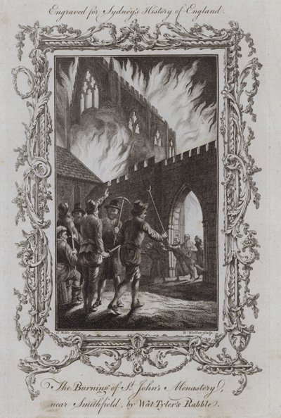 El incendio del monasterio de San Juan, cerca de Smithfield, por la turba de Wat Tyler (grabado) de Samuel (after) Wale