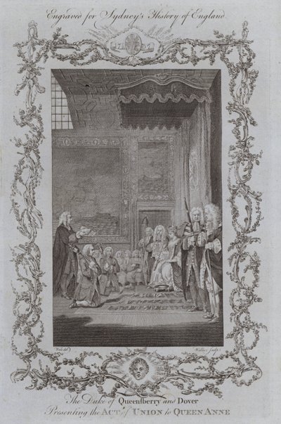 El duque de Queensberry y Dover presentando el Acta de Unión a la reina Ana (grabado) de Samuel (after) Wale