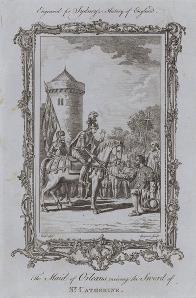 La Doncella de Orleans recibiendo la espada de Santa Catalina (grabado) de Samuel (after) Wale