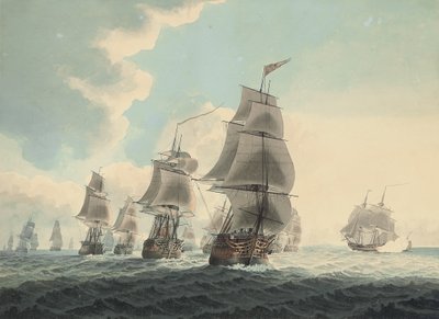 Una escuadra de la Royal Navy corriendo por el Canal (lápiz, pluma, tinta negra y acuarela sobre papel) de Samuel (attr. to) Atkins