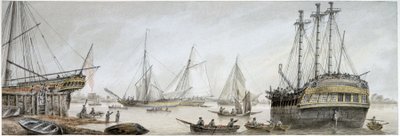 Un barco indio preparado para reparaciones en el Támesis, con una descripción de las actividades ordinarias de los astilleros reales de Deptford. de Samuel Atkins