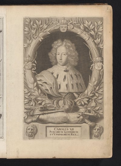 Portret de Karel XII de Zweden Rey Carlos XII de los godos y vándalos (título sobre el objeto) Suecia antigua y moderna (título de la serie) de Samuel Blesendorf