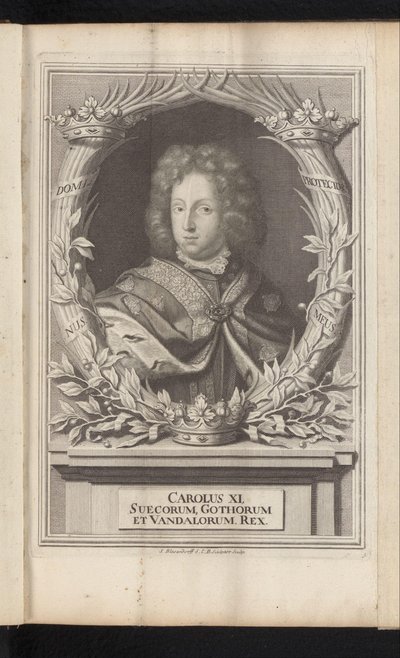 Portret de Karel XI de Zweden Carlos XI, rey de los godos y vándalos (título sobre el objeto) Suecia antigua y moderna (título de la serie) de Samuel Blesendorf