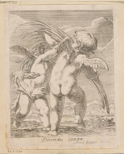 Dos amorcillos discutiendo sobre una rama de palma Discordia Concors (título sobre objeto) Varios diseños (título de la serie) Opera Varia Historica, Poetica & Iconologica (título de la serie) de Samuel Bottschild