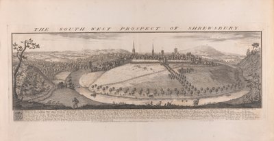 Perspectiva suroeste de Shrewsbury, Shropshire de Samuel Buck