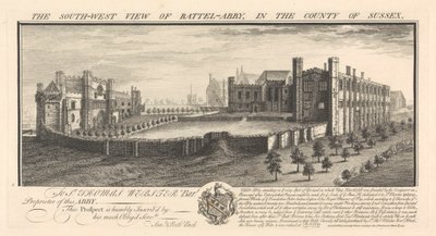 Vista suroeste de Battel-Abbey, en el condado de Sussex de Samuel Buck