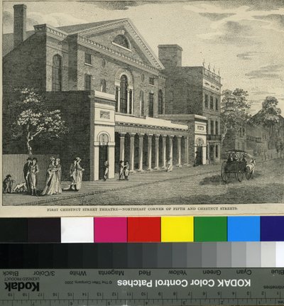 Primer Teatro de Chestnut Street, Esquina Noreste de Fifth y Chestnut Streets, c.1820 (xilografía) de Samuel Castner