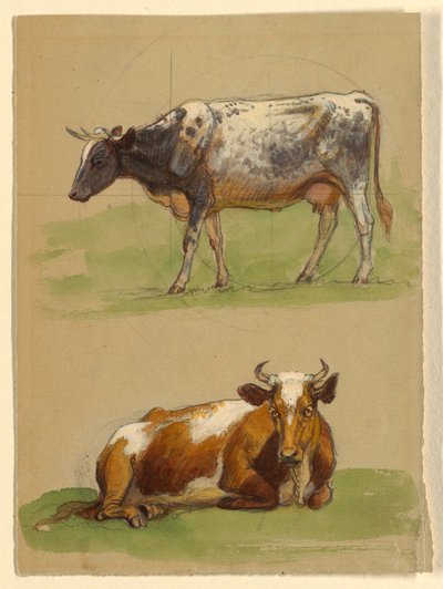 Ganado, una vaca caminando y una vaca agachada de Samuel Colman
