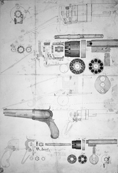 Planes originales para un revólver de diez cámaras que luego se convirtió en el de seis cámaras patentado en 1836, c.1830 de Samuel Colt