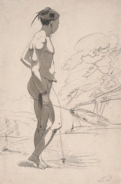 Hombre tswana con un abanico de plumas de avestruz en un paisaje de Samuel Daniell