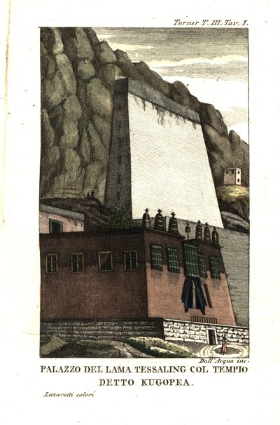 Morada de Tessaling Lama con el edificio religioso llamado Kugopea. Ilustración del teniente Samuel Davis Del Capitán Samuel Turner (1759-1802) Relato de una embajada a la corte del Teshoo Lama en el Tíbet 1800. Grabado al cobre de Dell