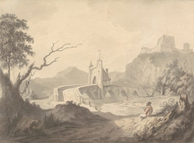 Escena fluvial y puente con un artista dibujando en primer plano de Samuel Davis