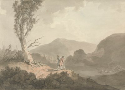 Dos hombres con telescopio mirando a través de un río de Samuel Davis