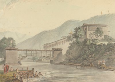 Vista de Tashichoedzong, Bután y Puente peatonal de Samuel Davis