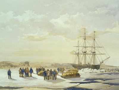 Fiesta en trineo saliendo del H.M.S. Investigator en Mercy Bay, 15 de abril de 1853, grabado por E. Walker, publicado por Ackermann y Co., 1854 de Samuel Gurney Cresswell
