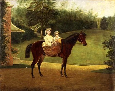 Retrato de dos niñas en una cesta sobre un pony de Samuel Henry Alken