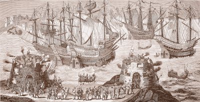 Enrique VIII embarcando en Dover, del gran grabado publicado por la Real Sociedad de Antigüedades de Samuel Hieronymous Grimm