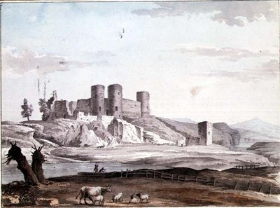 Castillo de Rhuddlan desde el puente de Samuel Hieronymous Grimm
